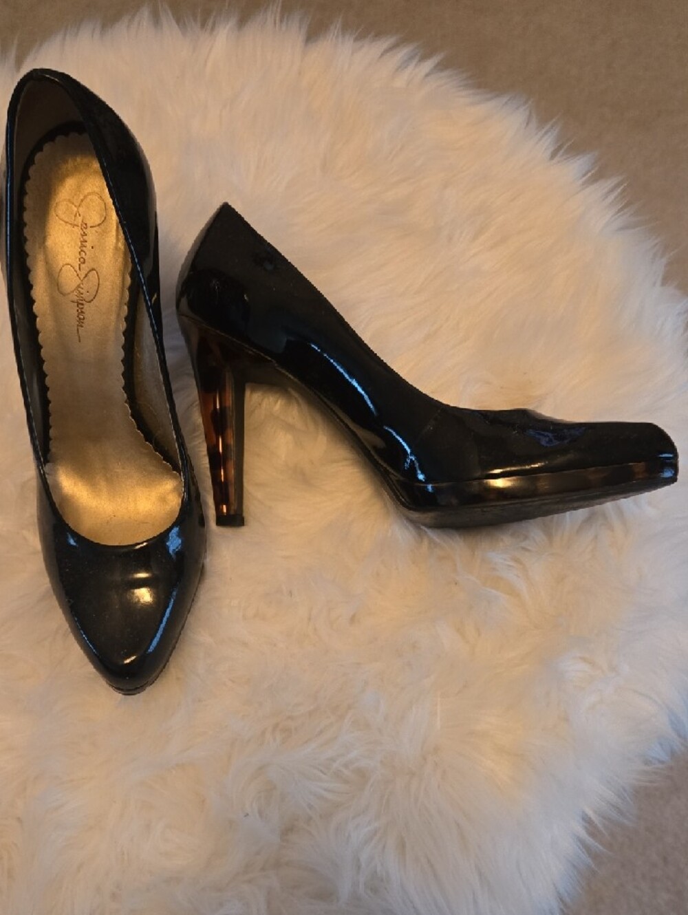 Jessica Simpson Black Patent Round-Toe Pumps with Gold Insole - Picture 2 of 9